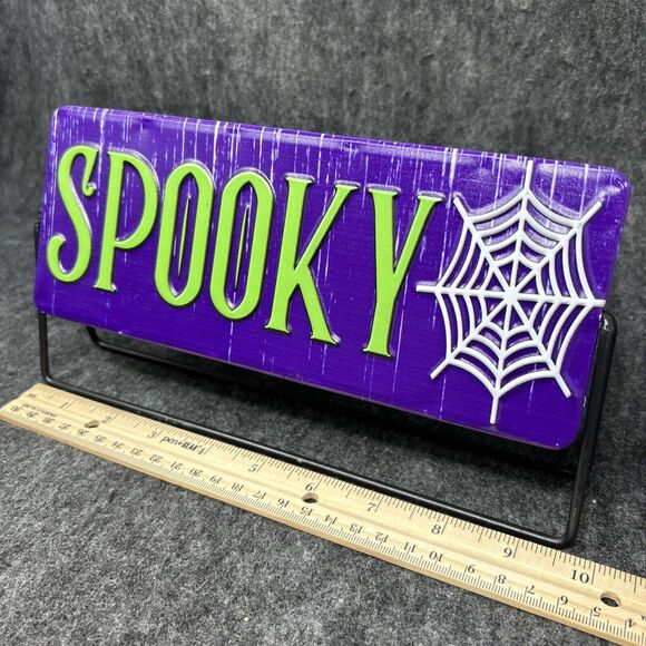 Rotating Halloween Sign SPOOKY & BEWITCHED Spider Web Purple Green Metal - Picture 1 of 4
